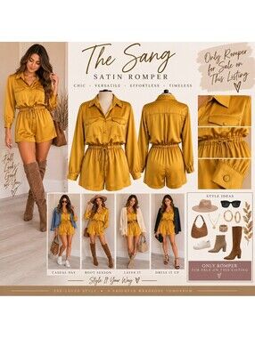The Sang Women's L Mustard Satin Romper Long Sleeve Button Front Utility Fall